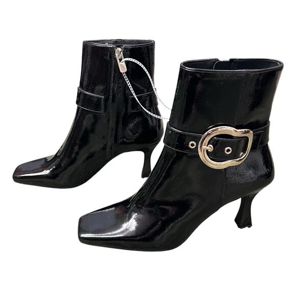 NWOB Gb Gianni Bini Sz 8M Face-Card Patent Oversized Buckle Heeled Bootie Black - Picture 7 of 16